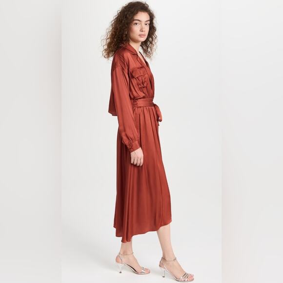 MISA Blair Dress Burnt Orange Satin Midi Long Sleeve Open Back Belted XS NWT - Picture 3 of 14